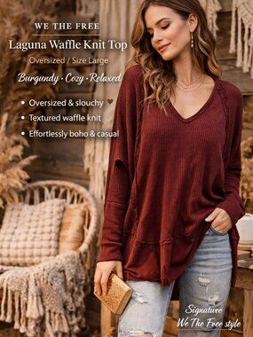 We The Free Laguna Waffle Knit Top L Burgundy Oversized Free People Shirt Light